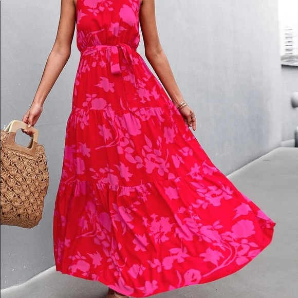 Plus Size Boho Red Pink Floral Print Halter Maxi Dress - Picture 3 of 9